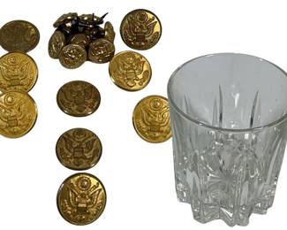 Military Buttons Waterbury Army + Crown Royal Glass