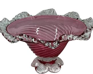 Pontil Bottom Cranberry Swirl Clear Ruffle Bowl