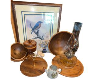 Walnut MCM Partyware Tidbit Bowls Bird Print Trivet Oil Lamp