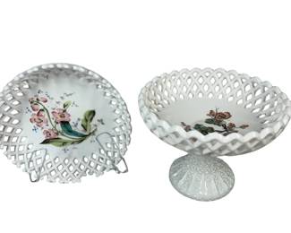 Open Lattice Milk Glass Bowl Hand Painted Flowers Challinor Taylor