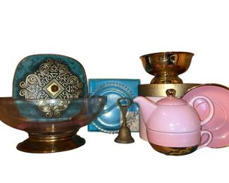 MCM Pink & Teal Gold Bowl Tureen Gold Base Bowl Tongs
