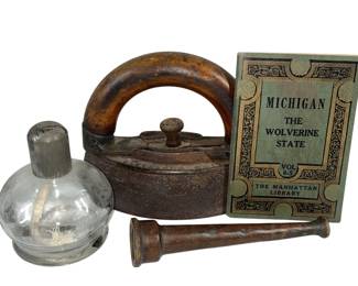 Cast Iron Copper Hose Nozzle Safety Oil Lamp Michigan Wolverine State Book