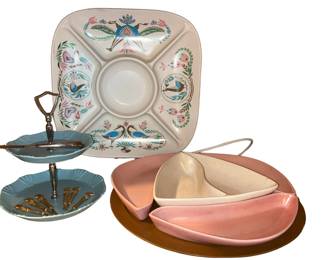 MCM Melmac Peacock Pattern Chip Dip Plate Lazy Susan Atomic Aqua Tidbit Tray