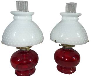 Pair Ruby Glass Oil Lamps Milk Glass Hobnail Shade