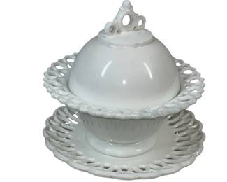 Open Lace Edge Plate Covered Footed Dish Atterbury Milk Glass