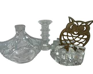 Crystal Basket Bowl Candleholder Brass Owl Trivet
