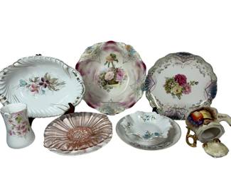 Antique Unmarked Hand Painted China Bowls Plates Pink Depression Glass