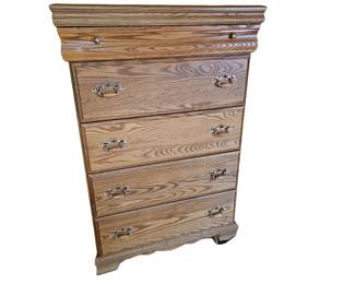 Oak Finish 5 Drawer Tallboy Dresser