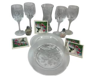 Hummingbird Wine Glasses Candle Holder Plates + Coasters