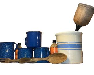 Graniteware Pitcher Mugs Crock + Wood Utensils Masher