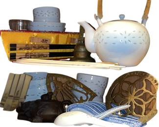 Asian Teacups Chopsticks Brass Dragon Trivets