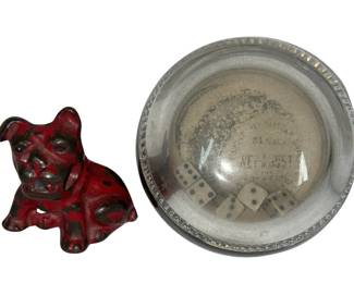 1933 Chicago Worlds Fair Cast Iron Bulldog Pencil Holder + Dice Paperweight