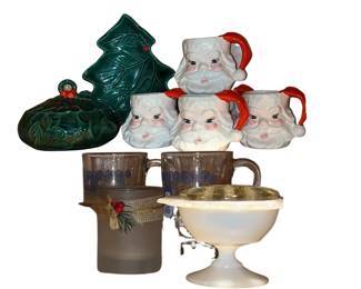 MCM Christmas Covered Dish Candy Dish Santa Head Mugs