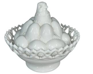 Victorian 1889 Atterbury Milk Glass Chick Egg Pile Cover Dish Open Lace