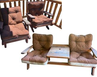 Redwood Patio Furniture 2 Seat Bench + Reclining Chair & Spring Rocker +Pads