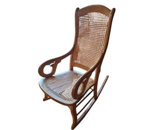 Solid Oak Rocking Chair Cane Seat Cane Back Curved Arms