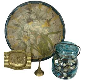 Antique Cookie Tin Buttons Blue Ball Jar Brass Pieces