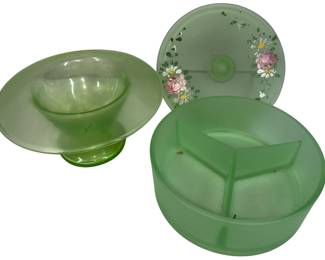 Antique Green Glass Hat Vase+Uranium Trinket