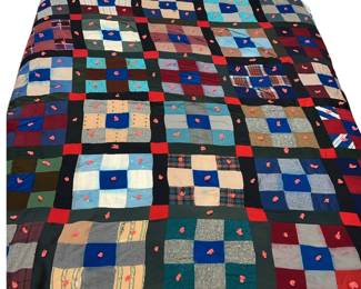 Antique Handmade Quilt Nine Patch Hand Sewn Tied