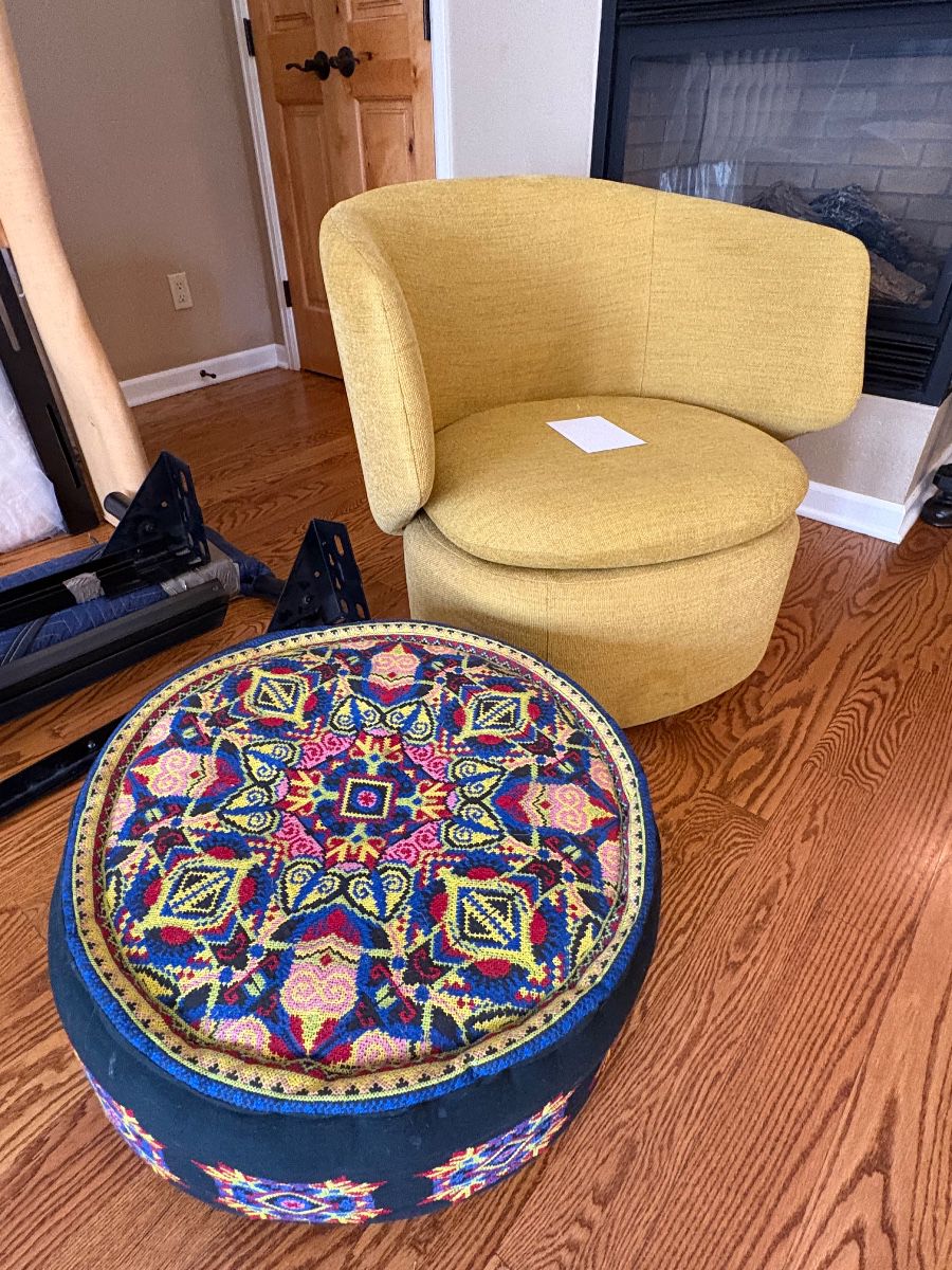 West Elm Crescent Swivel Chair, embroidered poof