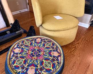 West Elm Crescent Swivel Chair, embroidered poof