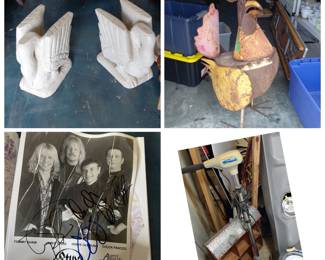 UNIQUE- swan plant stands, rusty rooster, trollin motor, collectibles
