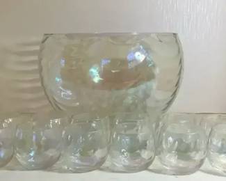 Vintage Iridescent Carnival Glass Punch Bowl Set  11 Bowl with 12 Matching Cups  MidCentury Carn