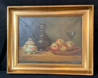 Framed Still Life Oil Painting  Apples in Bowl, Pewter Pitcher  Floral Jar