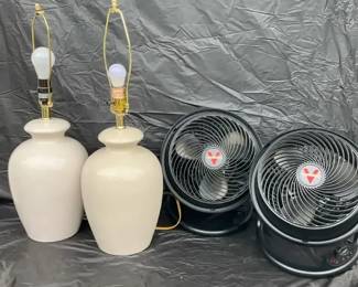 Pair of White Table Lamps 26  2 Vornado Air Circulator Fans