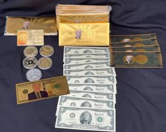 Donald Trump Memorabilia Lot  Coins, Trump Bitcoin Packs, $2 Bills, and Assorted Novelty Currency
