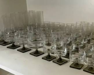 Mega Vintage MidCentury Modern Glassware Lot  Rare Square Black Bases  MultiSize Host Set