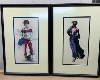 Vintage 2Pc Framed Art Set Signed Nany  Art Deco Inspired Purple Lady Print  Fashion Watercolor