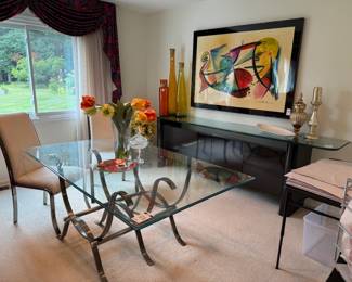 Glass Top Metal Base Dining Table, Contemporary Style Sideboard