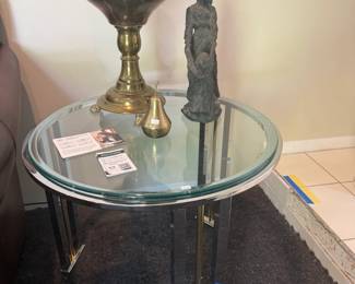 Brass Pedestal Bowl, Glass-Top Table
