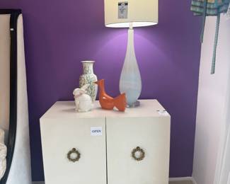 (A) Bernhardt Style Cabinet, (B) Art Glass Table Lamp