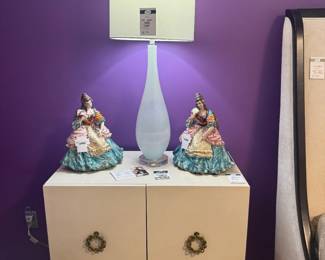 (A) Bernhardt Style Cabinet, (A) Capodimonte Porcelain Lady Statue, (B) Capodimonte Porcelain Lady Statue, (A) Art Glass Table Lamp