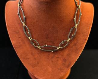 Sarah Graham oxidized chrome and 18kt gold necklace with diamonds. With earrings.