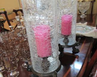 Crackle glass candle holders with heavy bronze bases