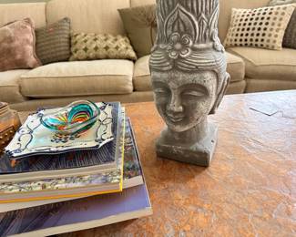 Buddha Head Statue with Murano Glass Candy Dish and Art Books