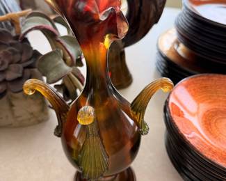 Amberina Glass Ewer Vase with Applied Elements