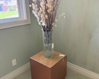 Modern Cube Pedestal Side Table with Decorative Branches and Glass Vase