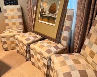 Set of Three Patchwork Upholstered Ottomans with Landscape Art