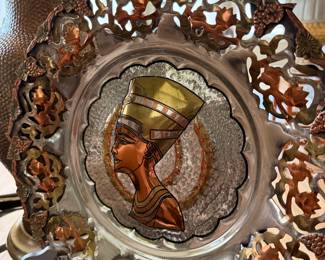 Vintage Egyptian Mixed Metal Decorative Plate with Nefertiti Profile and Grapevine Border