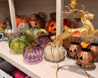 Assorted Decorative Pumpkins and Gold-Toned Reindeer Taper Candle Holder