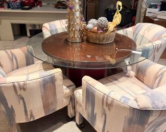 Round Glass Top Dining Table with Four Upholstered Chairs