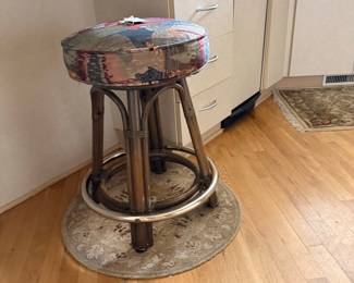 Vintage Rattan Swivel Bar Stool with Tapestry Upholstered Seat