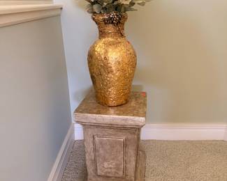 Textured Gold Vase with Faux Floral Arrangement on Pedestal Stand