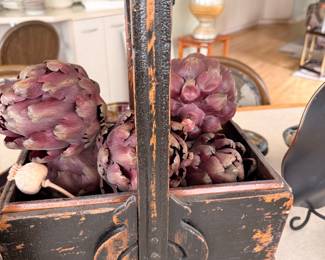 Antique Wooden Harvest Basket with Artichokes and Poppy Pod