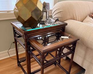 Vintage Faux Bamboo and Rattan Nesting Tables with Glass Tops