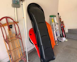 Vintage Flexible Flyer Sled and Modern Toboggan and Saucer Sleds